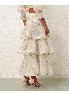 Zimmermann Cream and Pale Yellow Floral Tiered Maxi Skirt
